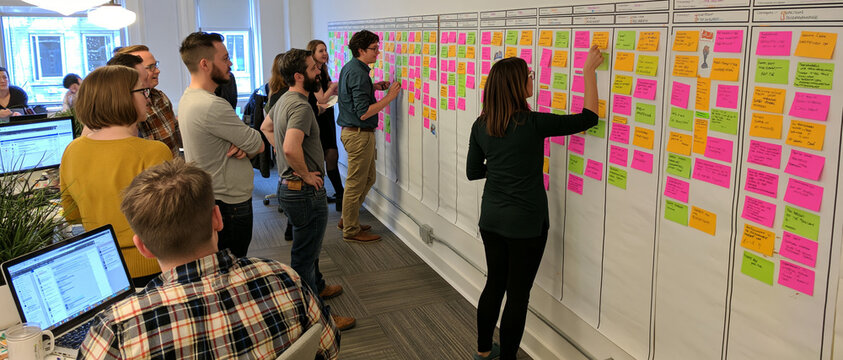 Team brainstorming meeting in conference room with whiteboard sticky notes and coworkers planning project strategy