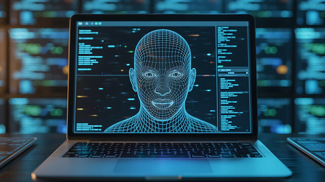 A digital wireframe of a human face is displayed on a laptop screen with data code.