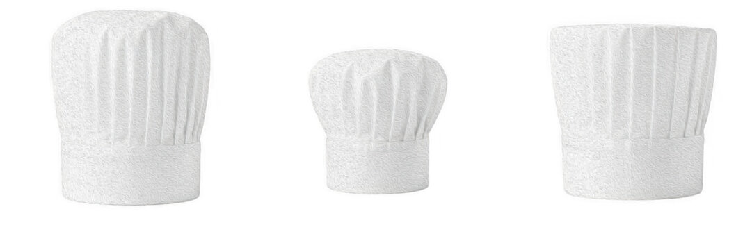 Three traditional white chef hats and toques with pleated fabric designs isolated on a clean white background.