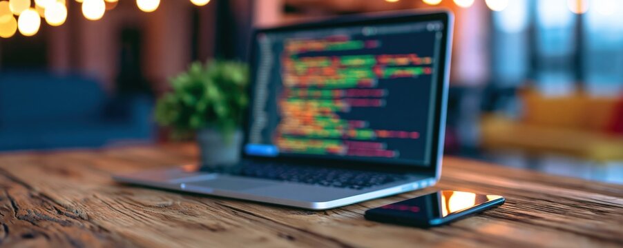 Laptop with programming code on screen for software development in a workspace