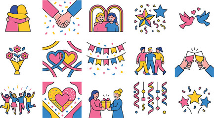 Fototapeta premium Social connection and celebration icons featuring people and symbols