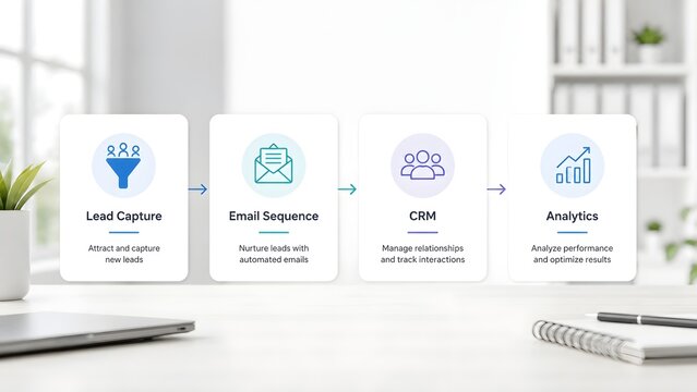 Digital marketing automation strategy cards on office desk illustrating lead capture email sequence CRM and analytics process