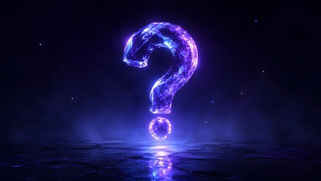 Glowing purple crystal polygon question mark on cracked dark ground in a futuristic cyberpunk atmosphere.