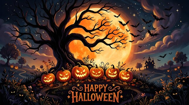 Happy halloween background with carved pumpkins and full moon