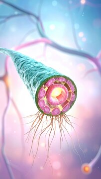 Cross-section of a myelinated nerve fiber with axon, myelin sheath, and glial cells