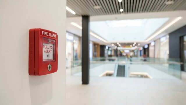 Fire alarm pull station mounted on a wall in a modern shopping mall