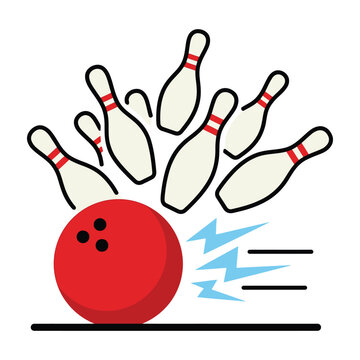 Bowling ball hits pins in cartoon style with lightning effect