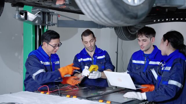 Professional electric vehicle technicians using a laptop and diagnostic equipment to analyze battery performance in an automotive workshop. Team collaboration, digital diagnostics, and EV maintenance 