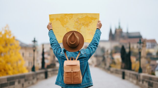 Traveler and tourist with backpack and map exploring prague bridge in autumn time