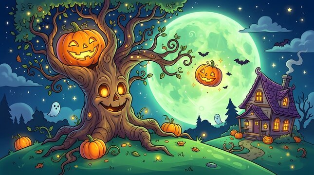 Spooky halloween night scene with enchanted tree and haunted house