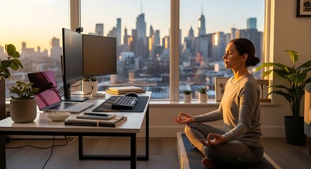 Obraz premium A woman meditates in a home office with a city skyline visible through the window at sunrise, promoting work-life balance and wellness.