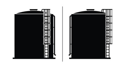 Two industrial storage tanks with ladders depicted as black silhouettes against a white background tank containers vessel vessels © Sumon