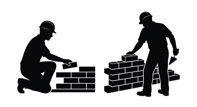 Two bricklayers building a wall with bricks depicted as a black silhouette bricklayer masons construction brickwork mortar trowel