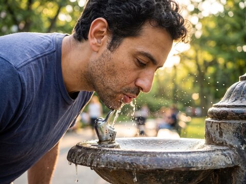 Close up of man drinking fresh water stream directly from outdoor park drinking fountain