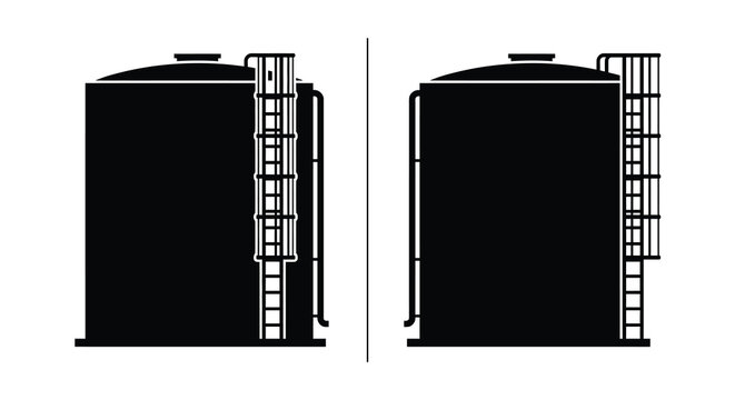 Two industrial storage tanks with ladders depicted as black silhouettes against a white background tank containers vessel vessels