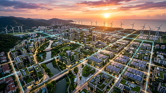 Smart sustainable city with renewable energy wind turbines and modern eco architecture at sunset