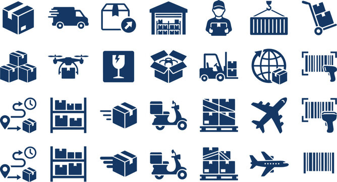 Delivery and supply chain logistics icon set for distribution and shipping with logistics shipping delivery transport warehouse distribution airplane container forklift scanning tracking