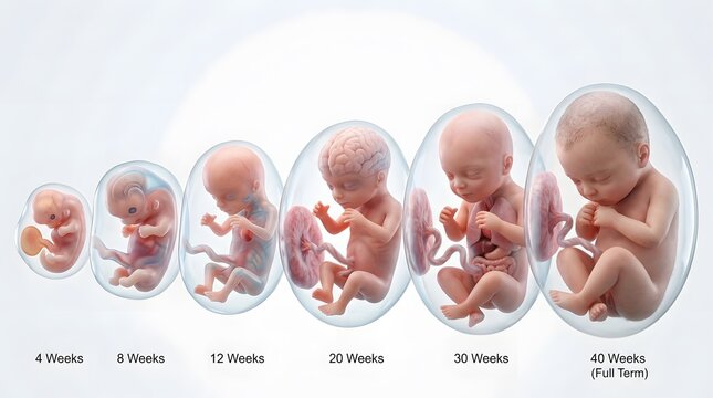 Illustrative journey of human fetal development, showing progressive growth from an early embryo to a full-term baby over 40 weeks of pregnancy