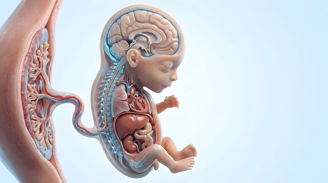 Medical illustration of a developing human fetus in the womb with visible internal organs and placenta