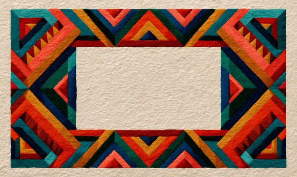 Intricate textile-inspired border featuring vibrant, abstract geometric patterns and a central blank area for various design needs