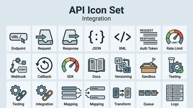 API Icon Set: Integration, Endpoint, Request, Response, JSON, XML, Auth Token, Rate Limit, Webhook, Callback, SDK, Docs, Versioning, Sandbox, Testing