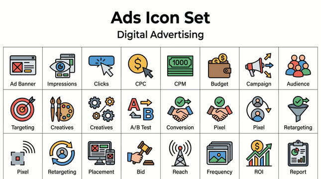 Digital Advertising Icons Set: Business, Marketing, SEO, PPC, CPC, CPM, Budget, Campaign, Audience, Targeting, Conversion, ROI
