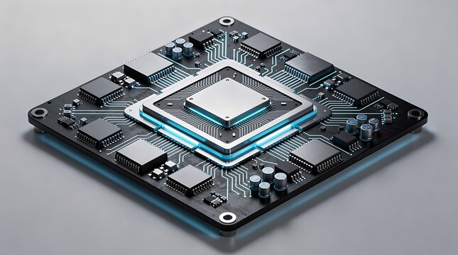 High tech computer processor chip glowing with blue light on a dark circuit board.