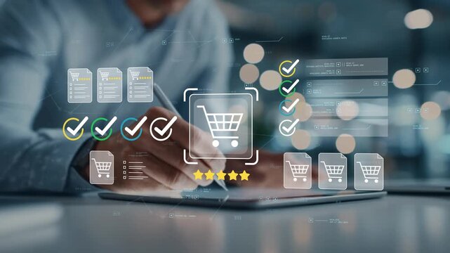 Retail operations dashboard with animated shopping cart icon, order processing workflow, customer transactions, ecommerce performance and digital commerce management