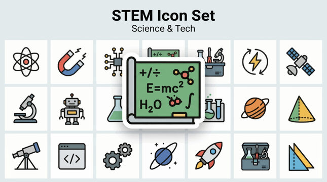 STEM Icon Set: Science, Technology, Engineering, and Mathematics Symbols for Education and Innovation