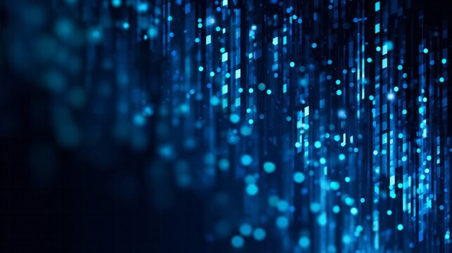 Shimmering blue particles and digital streaks create a vibrant, abstract background.