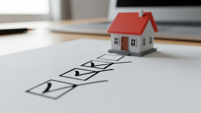 Miniature residential house model with red roof on paper checklist showing three completed checkmarks and one empty square, blurred laptop on wooden office desk background.