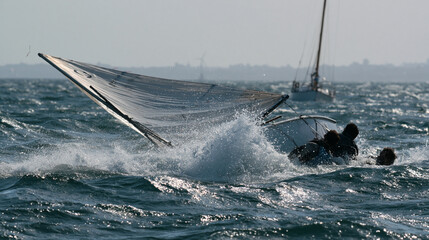 Obraz premium Sailing boat racing on azure waters with surging waves and tilted sail in a rescue operation scenario