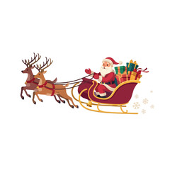 Classic santa claus riding a reindeer sleigh filled with christmas gifts reindeer christmas celebration delivery illustration character isolated background seasonal traditional decoration © Upendra