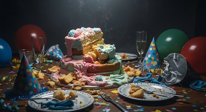 Messy Birthday Cake Celebration Aftermath, Party Crumbs, Balloons and Confetti