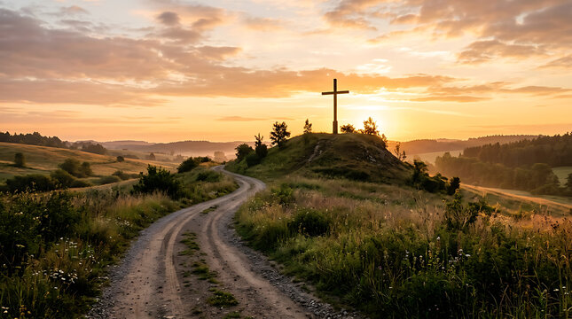 Serene sunset illuminates a solitary cross atop a hill, with a winding path leading towards the horizon in a picturesque rural landscape