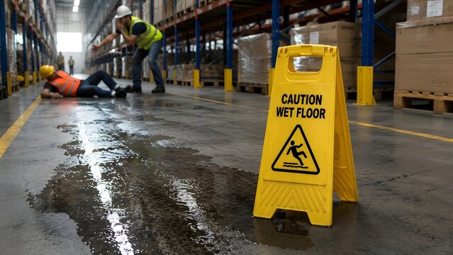 Warehouse Safety Hazard with Yellow Caution Wet Floor Sign and Injured Worker Fallen in Background