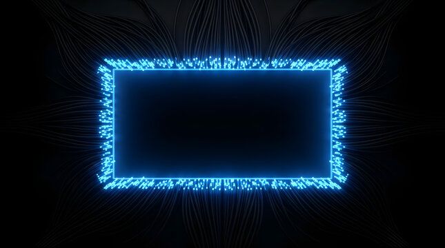 Empty rectangular frame made of bright blue fiber optic cable