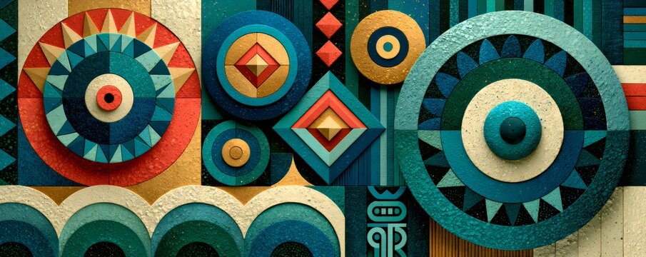 Textured geometric mosaic with layered elements and vibrant colors, creating an abstract background with ethnic tribal inspiration
