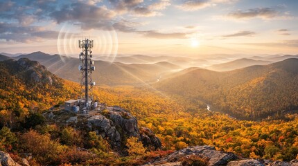 Obraz premium Golden Autumn Mountain Panorama With Wireless Telecommunications Tower