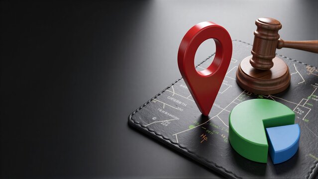 Location pin, gavel, and pie chart on map symbolize legal business analytics.