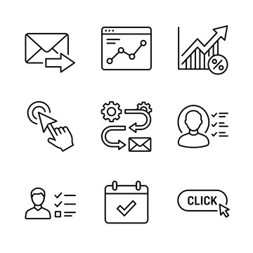 Email marketing icon set. Minimal line vector symbols for digital business communication.