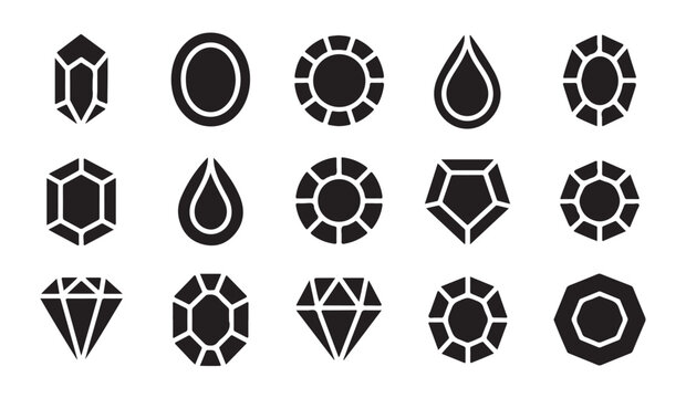 Assorted gemstones and precious crystals icons in geometric shapes for jewelry and luxury brand designs.