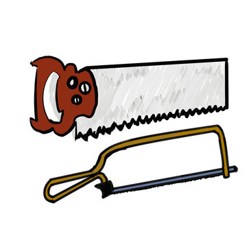 saw and hacksaw on white background. Different types of carpenter or repairmen handsaw vector icons set. Construction equipments for cutting metal and wood.