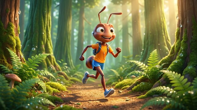 Energetic animated ant jogging through a beautiful woodland path surrounded by lush plants and warm morning light. Healthy lifestyle concept featuring a charming cartoon insect character.
