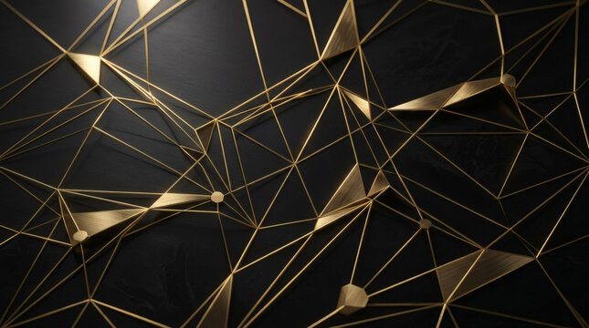 Abstract black gold geometric background with luxury line network and 3D metallic triangles for digital technology and premium design concept