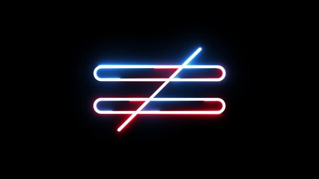 Neon not equal sign glowing red and blue mathematical symbol in dark motion graphic video.