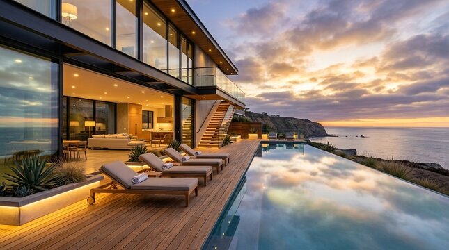 Luxury Modern Oceanfront Villa with Infinity Pool at Sunset