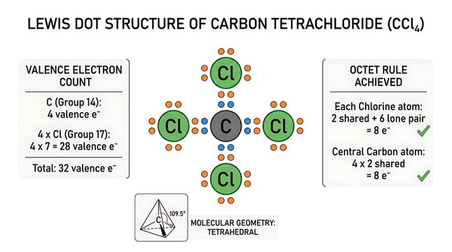 Lewis dot structure of Carbon Tetrachloride. CCl4 molecule diagram with valence electron count.