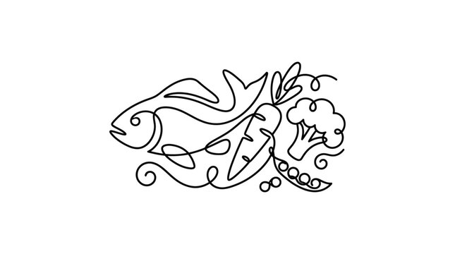 Continuous line art illustration of fresh healthy food ingredients with fish and vegetables.