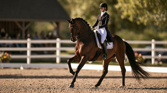 Rider in dressage competition on horseback in outdoor riding arena with saddle and bridle, sunlight and trophy